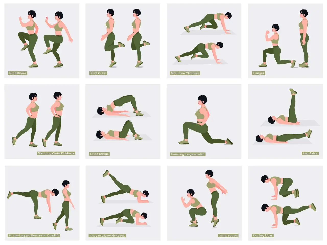 Esercizi per un sedere sodo: High Knees, Butt Kicks, Mountain Climbers, Lunges, Glute Bridge, Donkey Kicks e altri.