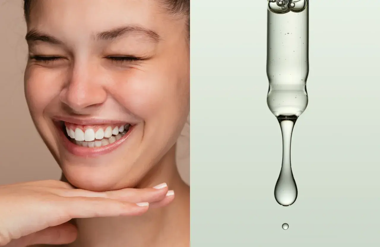 Un sorriso radioso e una goccia di siero con niacinamide e acido ialuronico insieme, per una pelle luminosa e idratata.