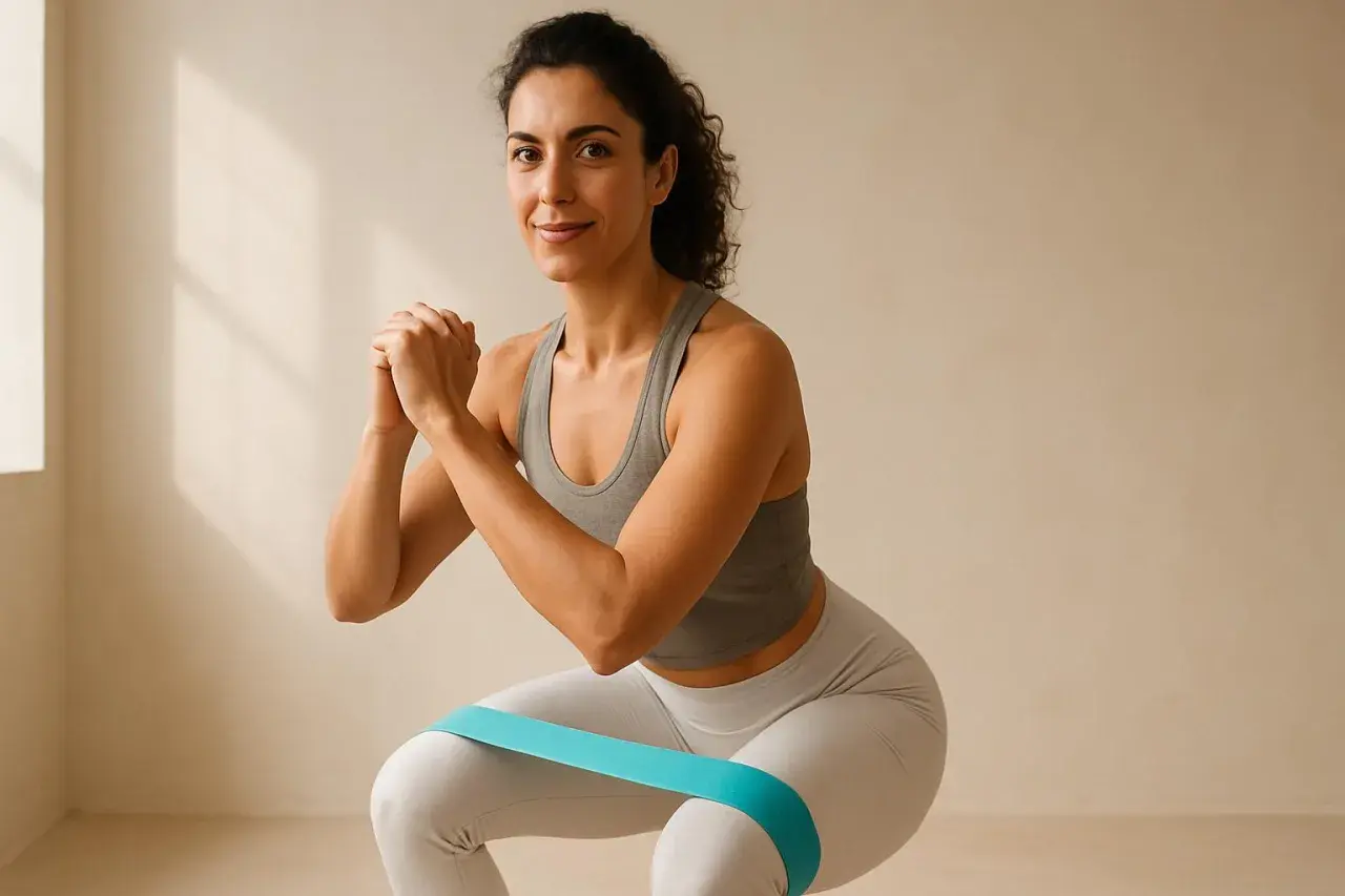 Donna fa squat con elastico blu. L'allenamento tonifica e aiuta a combattere la cellulite, dimostrando che le creme anticellulite funzionano meglio con l'esercizio.