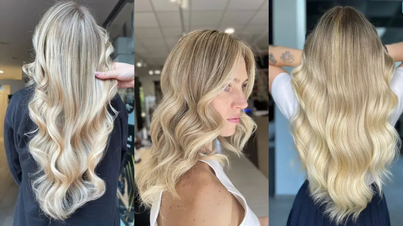 Tre donne con capelli biondi ondulati, che mostrano una cartella colori capelli freddi con sfumature naturali e luminose.