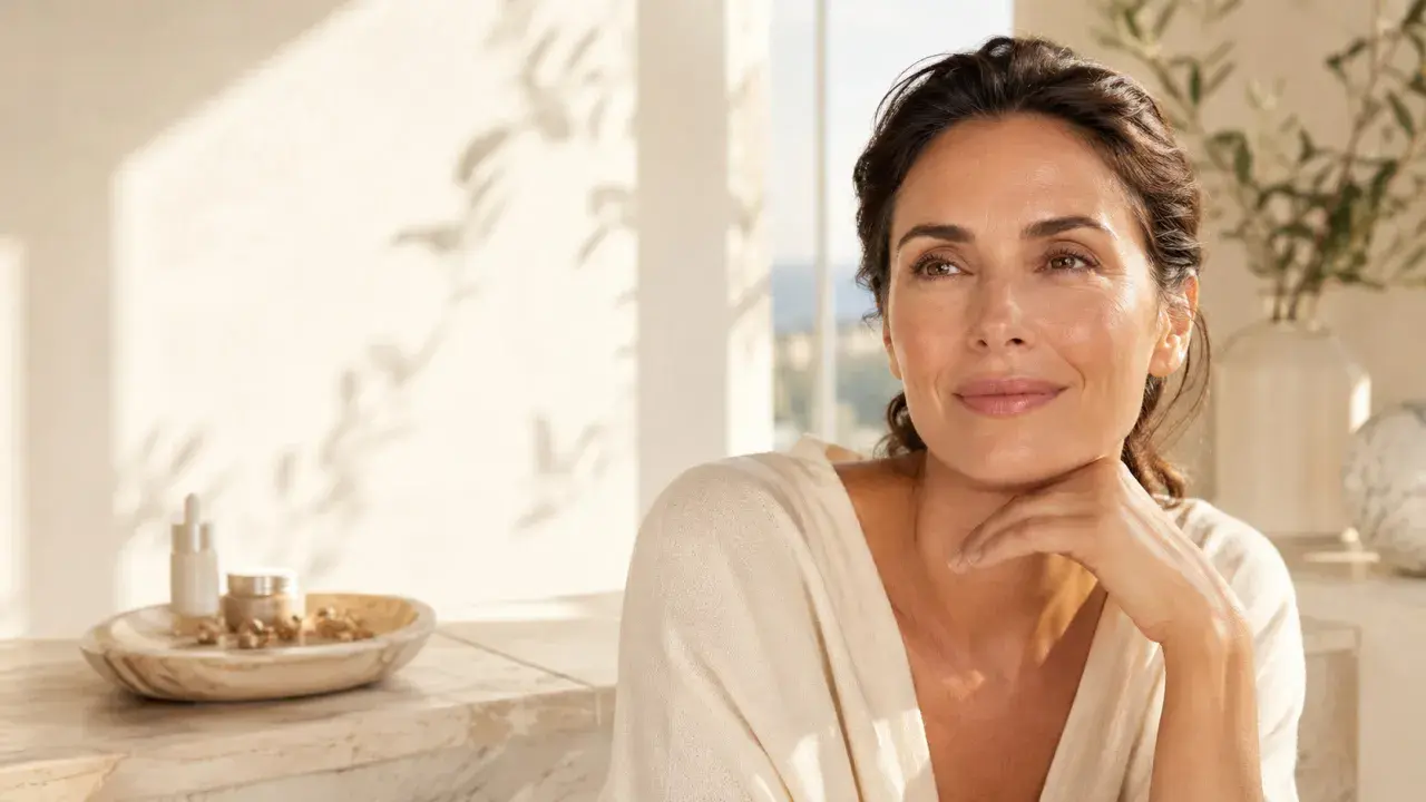 Donna sorridente con pelle luminosa, accanto a prodotti skincare con acido glicolico e retinolo.