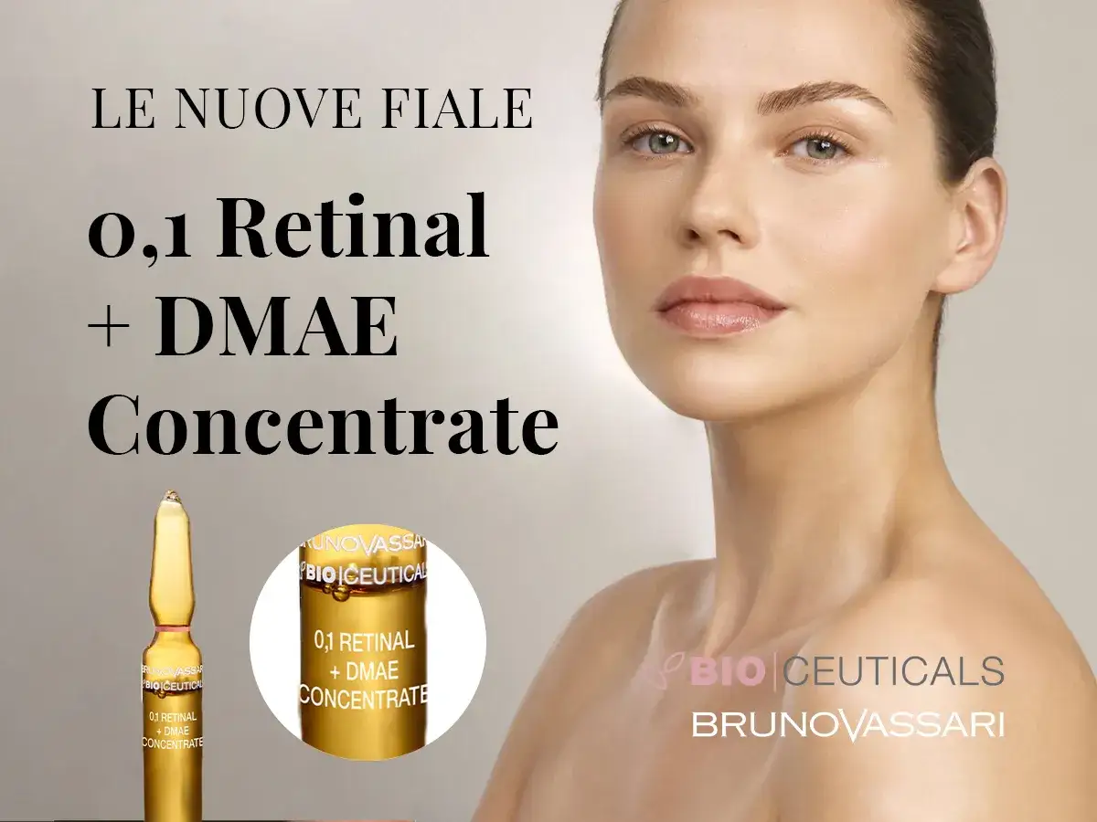 Fiale con 0,1 Retinal + DMAE Concentrate per una pelle radiosa. Bruno Vassari Bioceuticals.