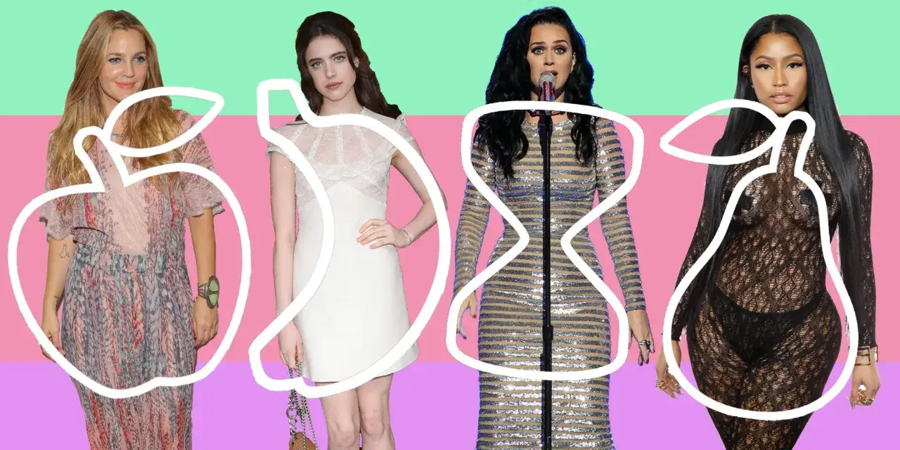 Quattro donne mostrano diverse body shape: mela, banana, clessidra e pera.