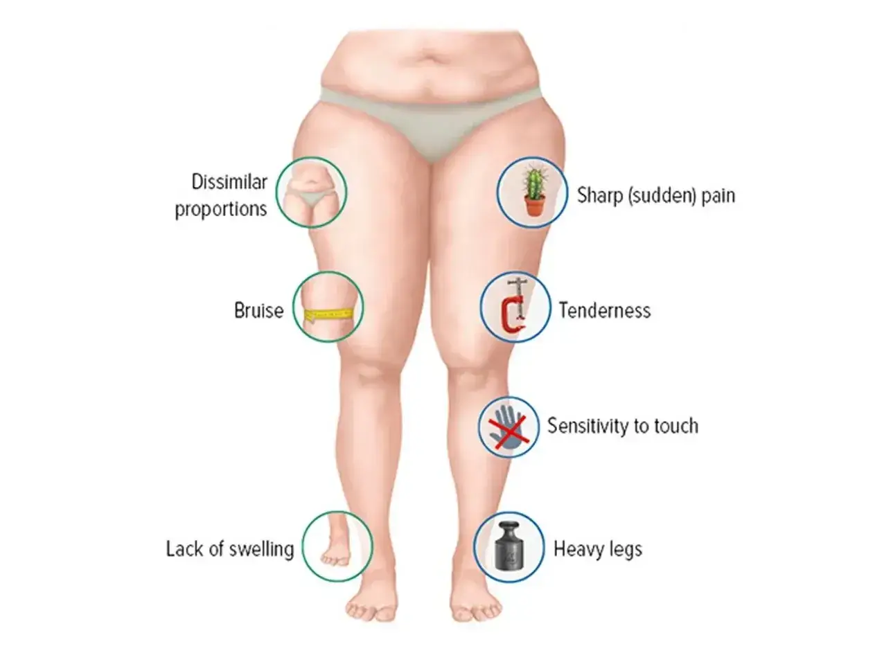 Gambe con cellulite dolorosa: proporzioni disomogenee, lividi, dolore acuto, sensibilità al tatto, gambe pesanti.