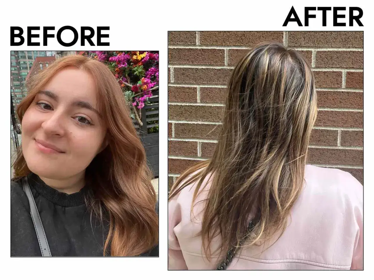 Prima e dopo: capelli ramati trasformati in un biondo sfumato con riflessi luminosi, un effetto semipermanente capelli che dona profondità e stile.