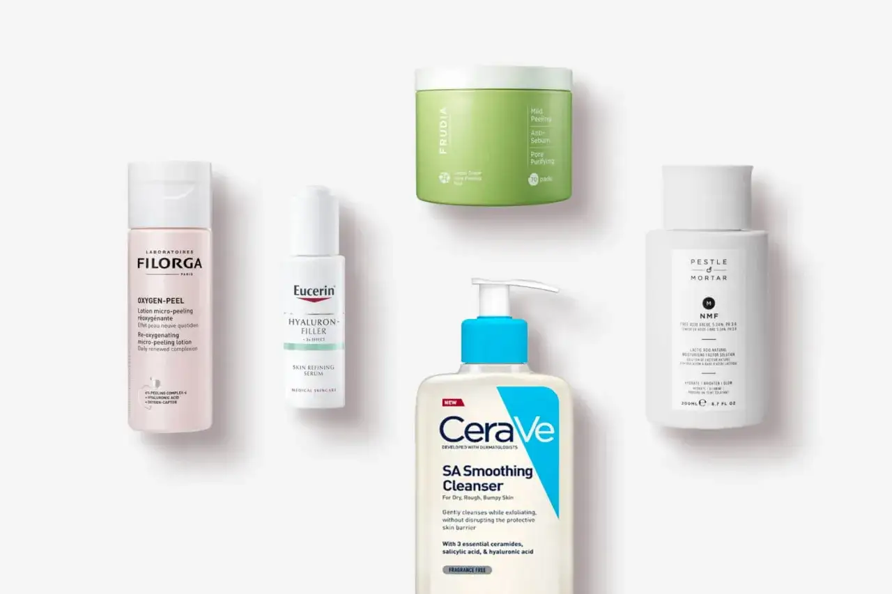 Prodotti skincare per come avere la pelle liscia e senza imperfezioni: Filorga, Eucerin, Frudia, CeraVe, Pestle & Mortar.