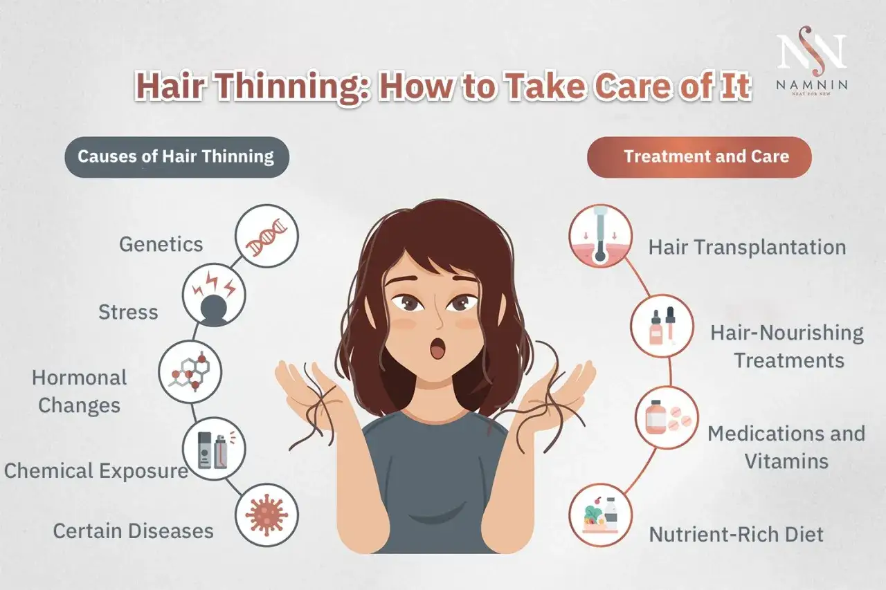 Ragazza preoccupata per il diradamento capelli, con cause (genetica, stress, ormoni) e trattamenti (trapianto, cure, dieta) illustrati.