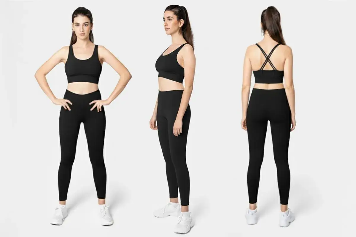 Modella in tenuta sportiva nera, mostrando come i leggings anticellulite funzionano per un look liscio e tonico.