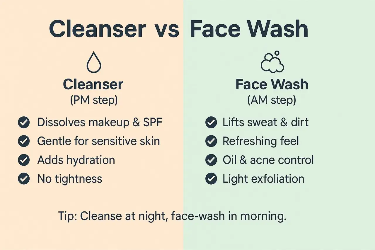 Confronto tra latte detergente (PM) e detergente viso (AM): il primo scioglie trucco e SPF, idrata e non tira; il secondo rimuove sudore e impurità, rinfresca e controlla l'acne.