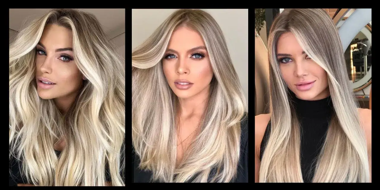 Tre donne con splendidi capelli biondi sfumati balayage, che creano un effetto naturale e luminoso.