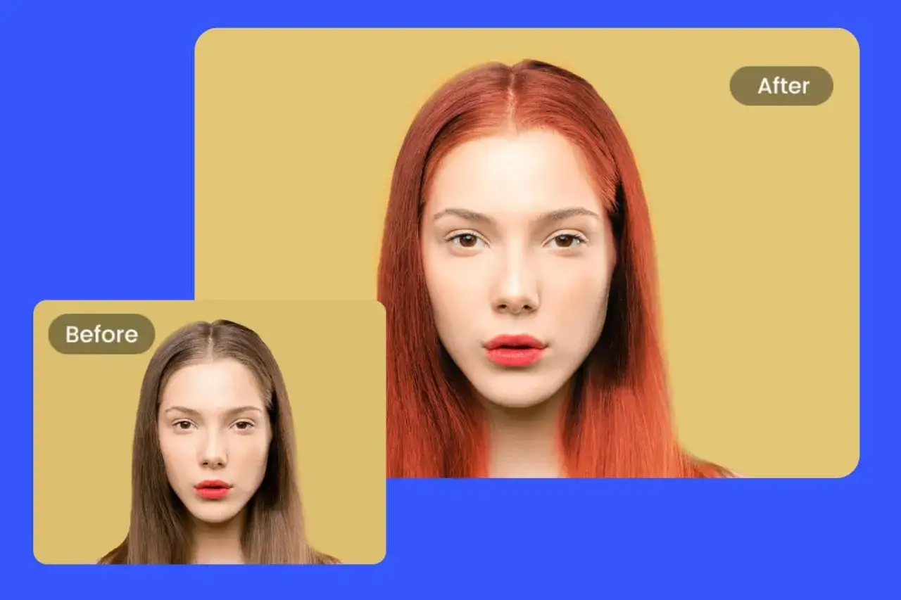 Prima e dopo: prova colore capelli. La ragazza passa da capelli castani a un vivace rosso fuoco.