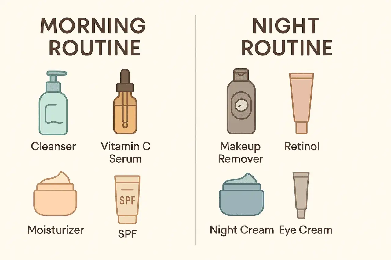 Routine mattutina con Vitamina C e routine serale con retinolo. Prodotti per la cura della pelle.