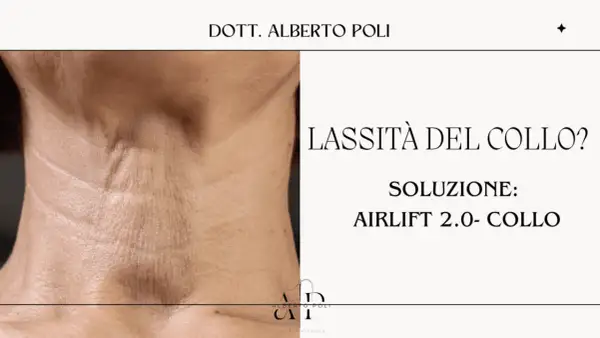 Primo piano del collo con pelle del collo cadente e rughe. Testo: "Lassità del collo? Soluzione: Airlift 2.0- Collo".