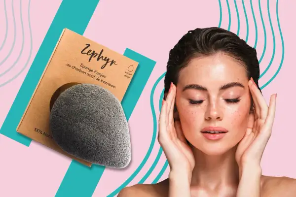 Spugna konjac al carbone di bambù Zephyr, ideale per una pelle radiosa.