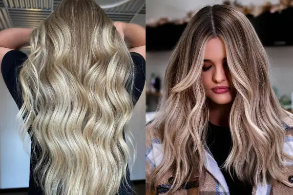 Capelli biondi con riflessi chiari e scuri, mostrando la differenza tra meches e balayage per un look naturale.