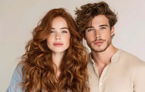 Coppia con capelli mossi: lei con lunghi capelli rossi e lentiggini, lui con capelli castani e barba leggera.