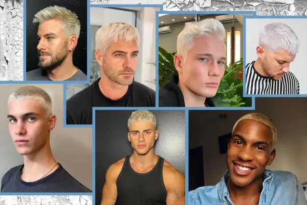 Uomini con capelli platino, tagli corti e look audaci.