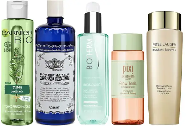 Cinque flaconi di tonici viso: Garnier, Roberts Acqua Distillata alle Rose, Biotherm, Pixi Glow Tonic e Estée Lauder. Ricorda che il tonico va risciacquato.