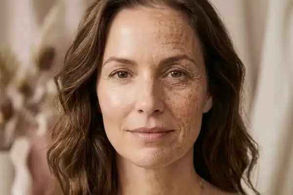 Il volto di una donna mostra gli effetti del sole e del tempo, con rughe e macchie solari su un lato, e pelle liscia sull'altro.