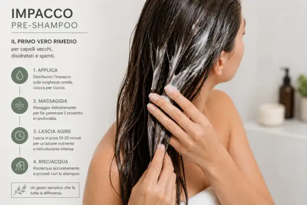 Donna applica un impacco pre-shampoo nutriente sui capelli lunghi e umidi, massaggiando per un trattamento profondo.