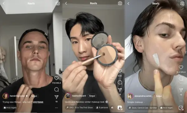 Uomo applica correttore per come coprire i brufoli. Altri due uomini mostrano prodotti per il trucco.