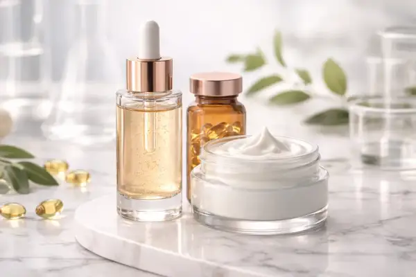 Flacone di siero, capsule e crema viso su marmo. Scopri dmae cos'è e come può migliorare la tua pelle.