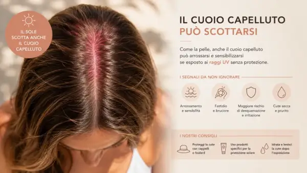 Cuoio capelluto arrossato dal sole, con indicazioni sui danni solari e consigli per la protezione.