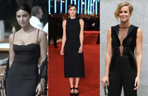 Tre donne in abiti neri eleganti, ognuna con una **body shape** diversa, su sfondi differenti.