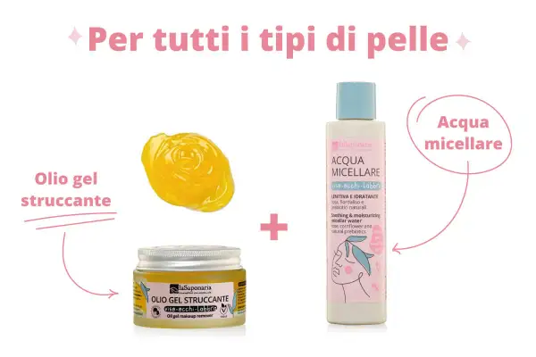 La doppia detersione perfetta: olio gel struccante e acqua micellare per tutti i tipi di pelle.