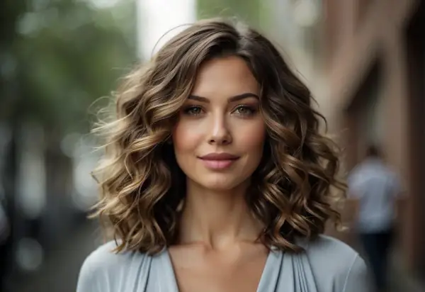 Donna con splendidi capelli scalati mossi naturali, che incorniciano un viso sorridente.