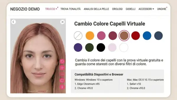Prova colore capelli virtuale: una donna con capelli castano ramati sceglie una nuova tonalità tra diverse opzioni.