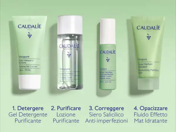La linea Caudalie Vinopure per skincare routine pelle grassa e acneica: gel detergente, lozione purificante, siero salicilico e fluido mat idratante.