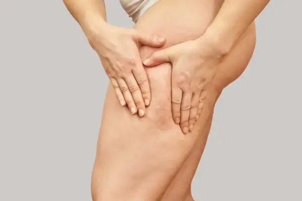 Mani che stringono la coscia, evidenziando la **cellulite acquosa** e la texture della pelle.