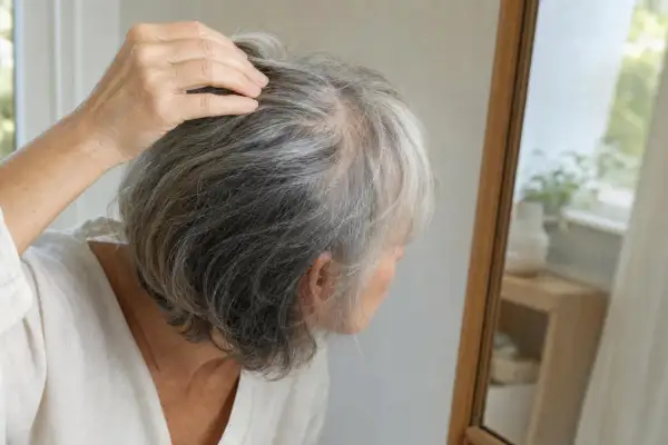 Donna anziana si tocca i capelli grigi, preoccupata per il diradamento. Riflessione nello specchio.