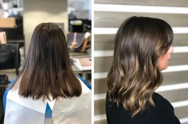 Capelli castani trasformati con schiariture delicate e onde morbide, un perfetto effetto tono su tono.