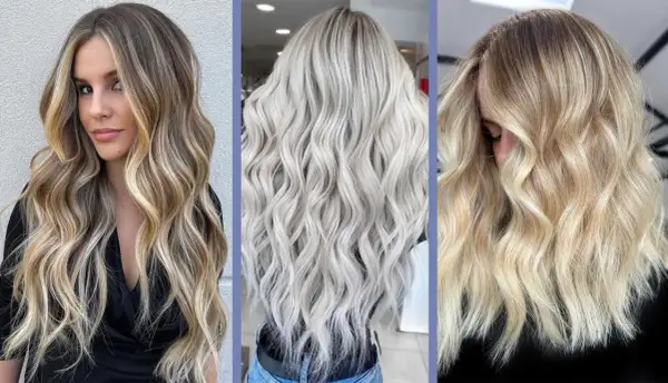 Tre acconciature con capelli beach waves: biondo cenere, biondo miele e castano con riflessi dorati.