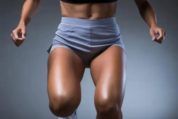 Gambe toniche e muscolose, non **gambe flaccide**, in movimento. Addominali scolpiti e un top sportivo completano l'outfit.