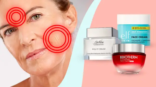Viso con segni d'età e cerchi rossi, affiancato da creme viso, tra cui una con peptidi.