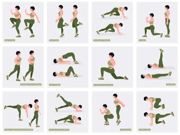 Esercizi per un sedere sodo: High Knees, Butt Kicks, Mountain Climbers, Lunges, Glute Bridge, Donkey Kicks e altri.