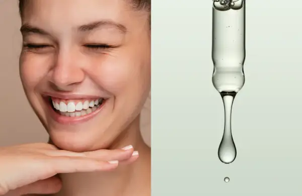 Un sorriso radioso e una goccia di siero con niacinamide e acido ialuronico insieme, per una pelle luminosa e idratata.