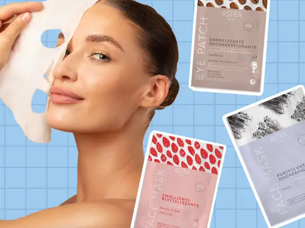 Donna rimuove una maschera dal viso, pronta per sciacquarsi. Accanto, confezioni di maschere viso e patch occhi Astra Skin.