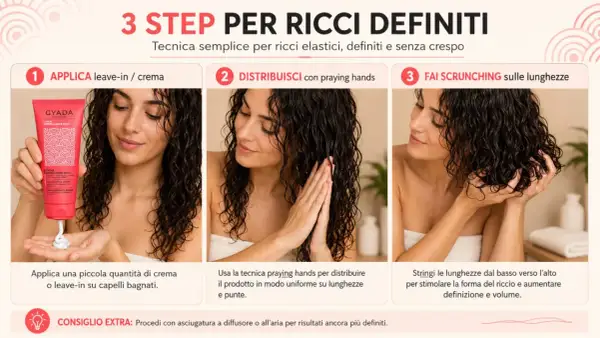 Donna mostra come definire i suoi **capelli ricci** con una crema leave-in, applicandola e poi facendo scrunching.