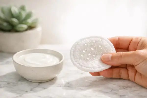 Un dischetto di cotone bagnato, pronto per rimuovere il trucco con latte detergente o acqua micellare, accanto a una ciotola di crema bianca.