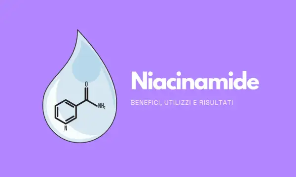 Goccia con formula chimica della niacinamide. Nonostante i benefici, alcuni si chiedono se la niacinamide fa venire brufoli.