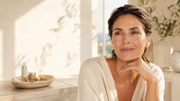Donna sorridente con pelle luminosa, accanto a prodotti skincare con acido glicolico e retinolo.