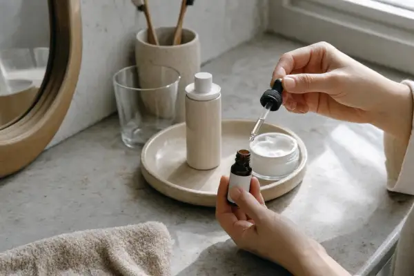 Mani che aggiungono gocce di siero al retinolo a una crema, per una skincare routine efficace.