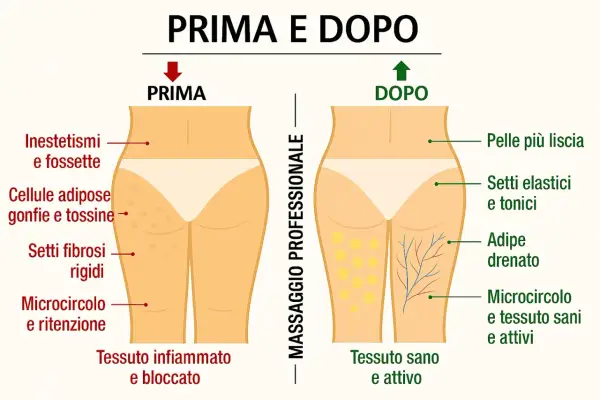 Prima e dopo massaggio professionale: pelle con inestetismi e cellulite prima, liscia e tonica dopo. Ideale per trattamenti anticellulite a casa.