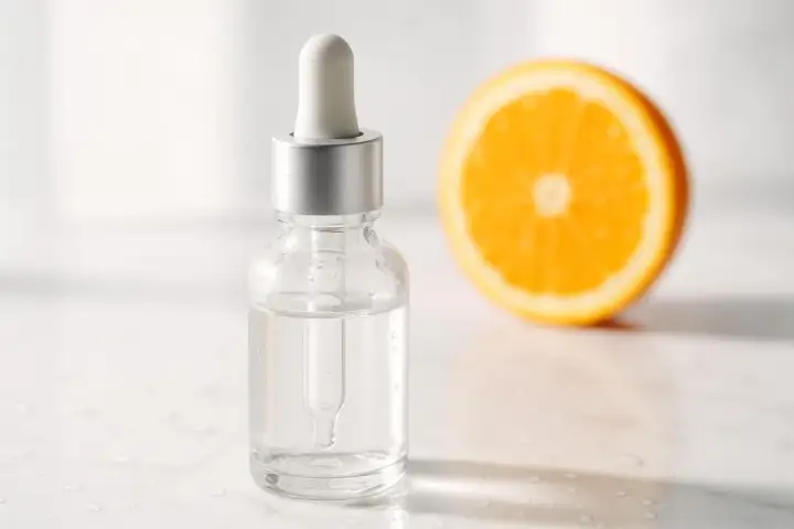 Siero con vitamina C per combattere le macchie della pelle, accanto a una fetta d'arancia.
